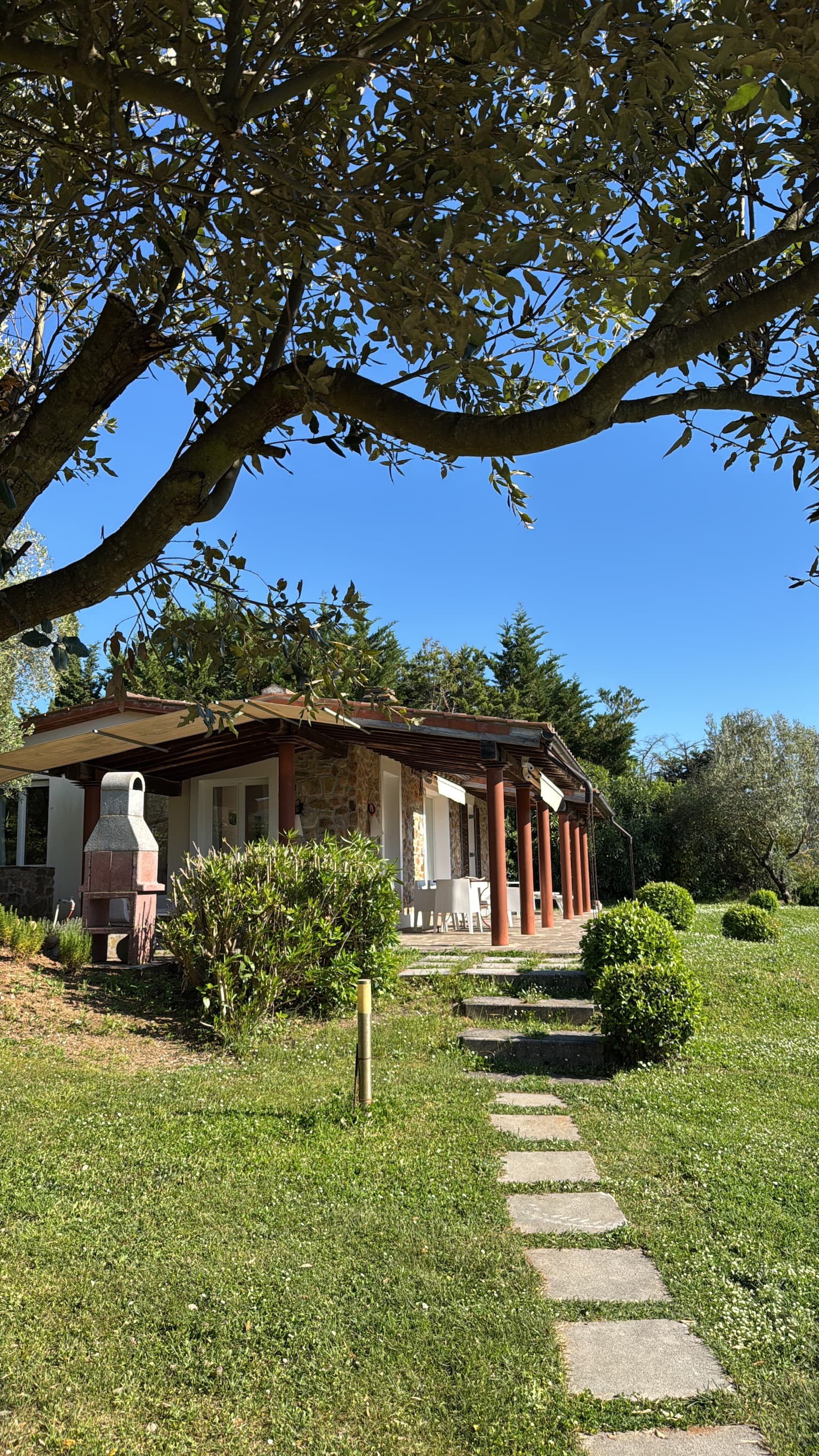 Steingrill auf der Rasenfläche, daneben die überdachte Pergola mit Tischen