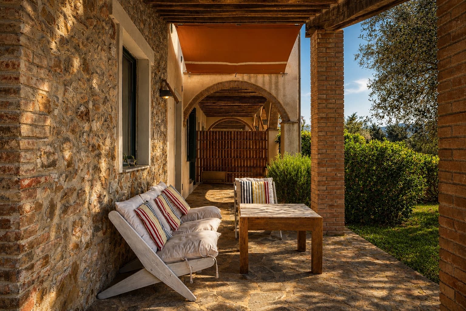 Portico in pietra dell’appartamento Ravi con zona salotto sotto un arco